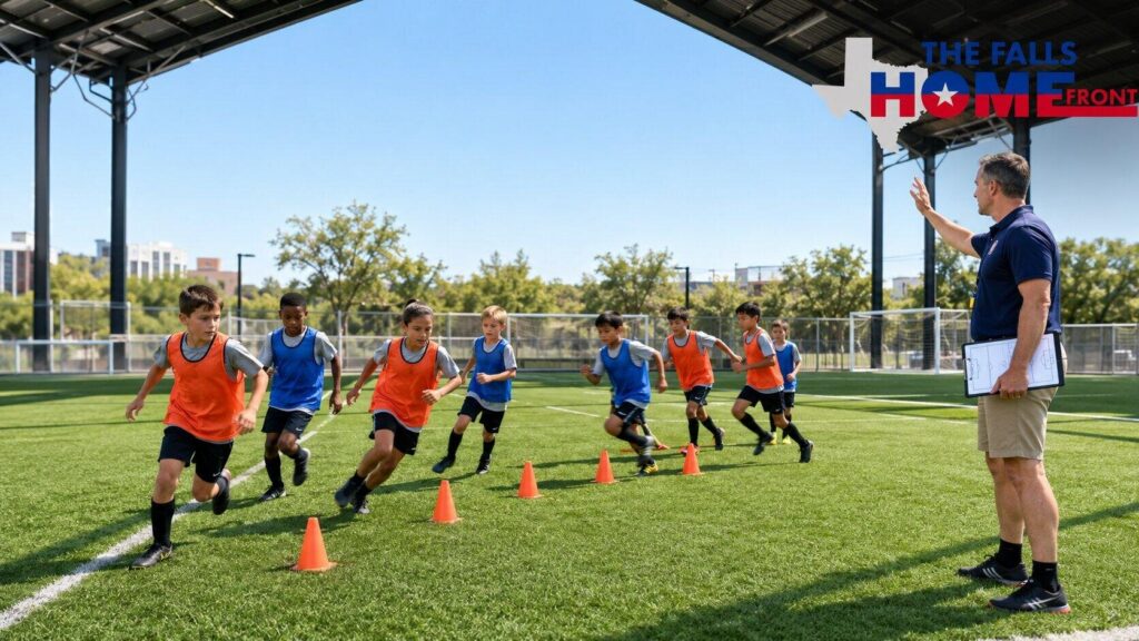 Youth soccer players training at a community sports facility in North Texas 